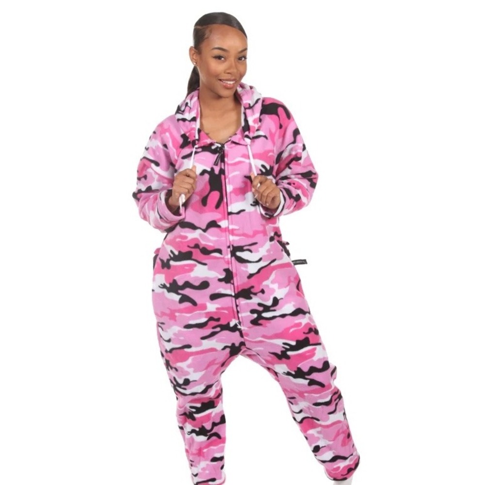 Forever Lazy Pink Camo Fleece Hooded Onesie Pajamas Drop Seat Womens Medium NEW